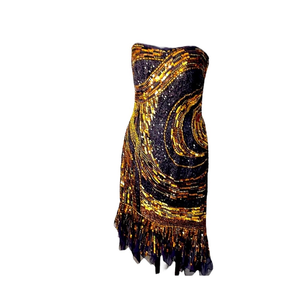 MANDALAY woman’s  gold black amber beaded dress, size 6, Never worn